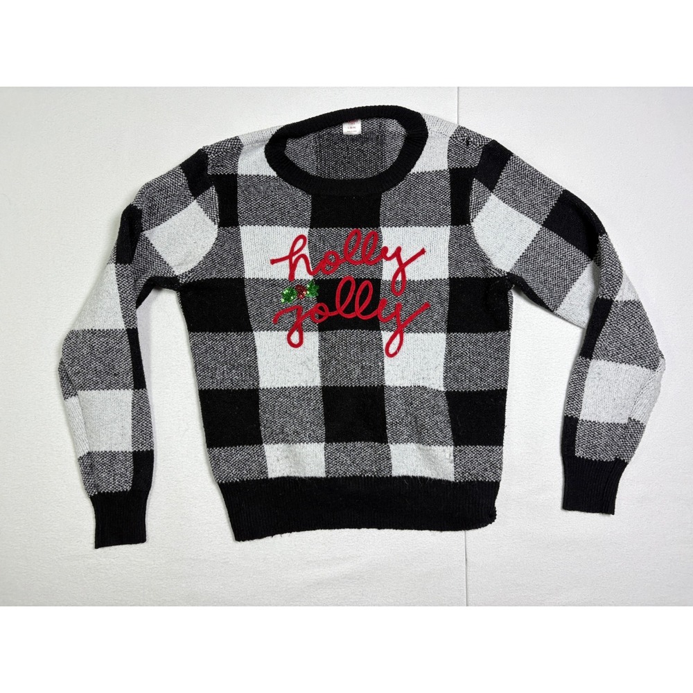 Holiday Time Womens Holly Jolly Buffalo Plaid Christmas Sweater Black White L